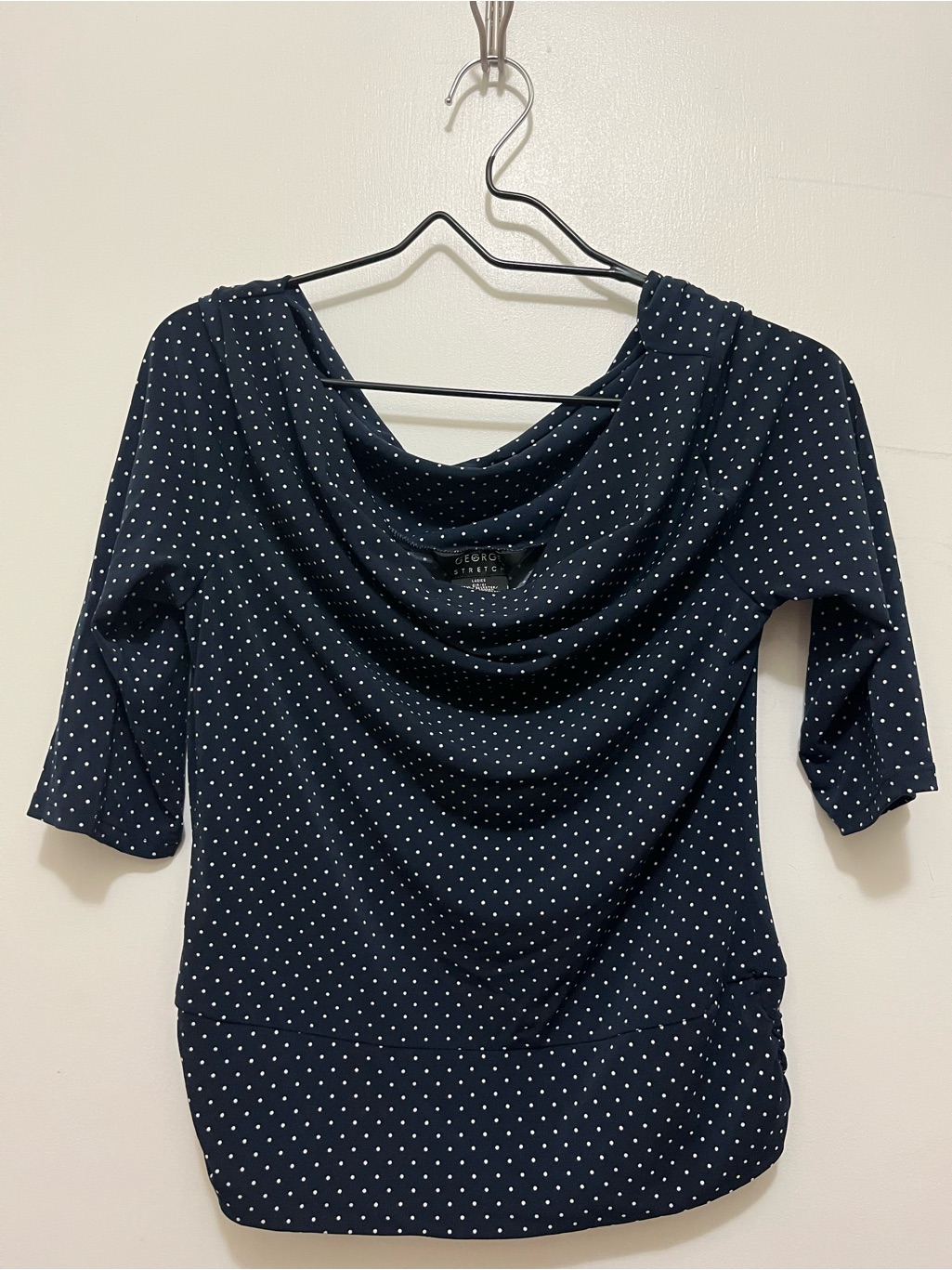 2pc Skirt Set - Stretch Navy And White Polka Dot Cowl Neck Top W/Skirt